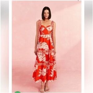 Farm Rio Red Lace Monsteras Midi Dress Size X-Small